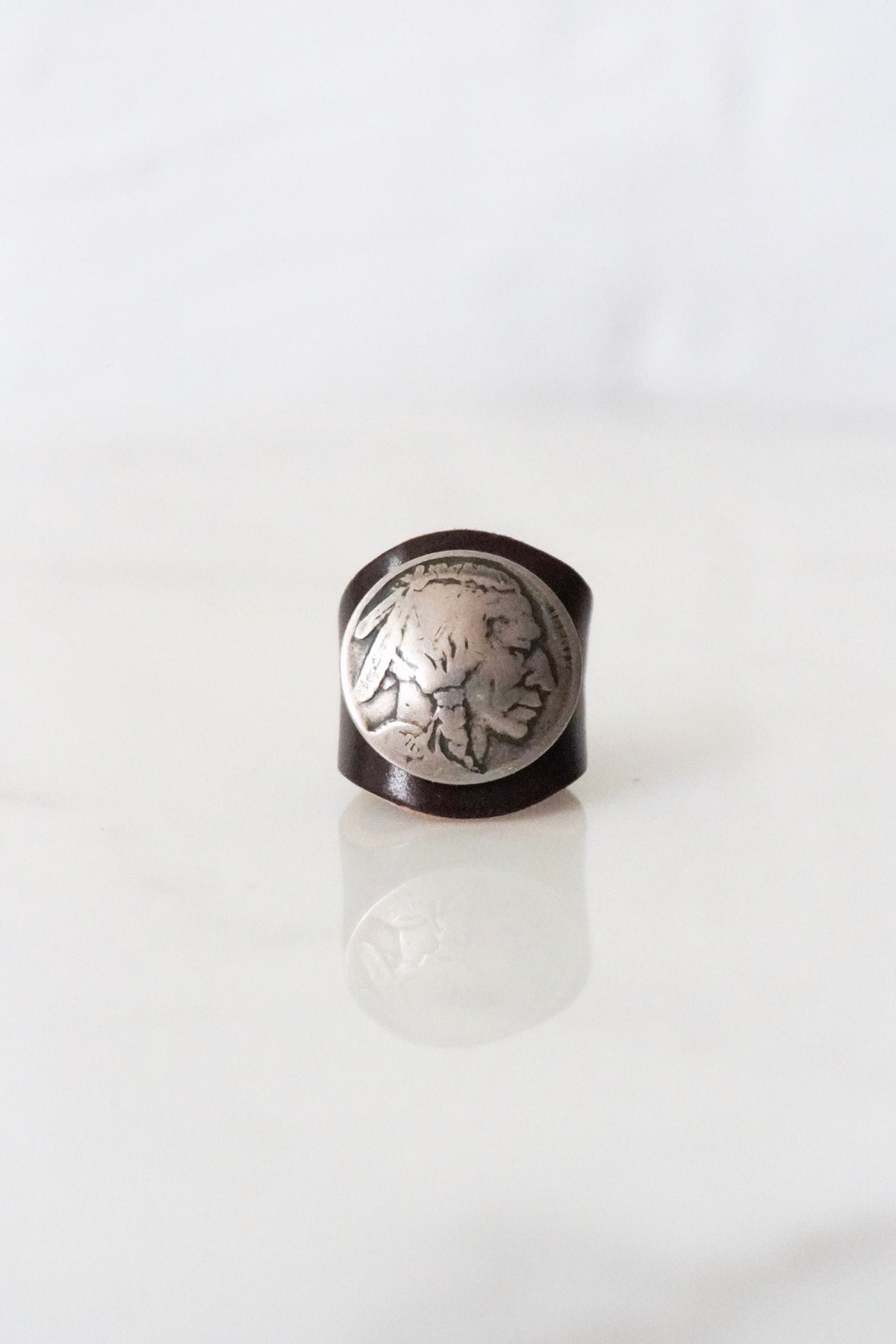 [YUKETEN] Leather Ring with Indian Head - Cordovan